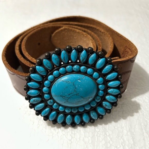 Lucky Brand Accessories - Lucy Brand Brown Leather Belt With Turquoise Buckle Accent Genuine Leather Small